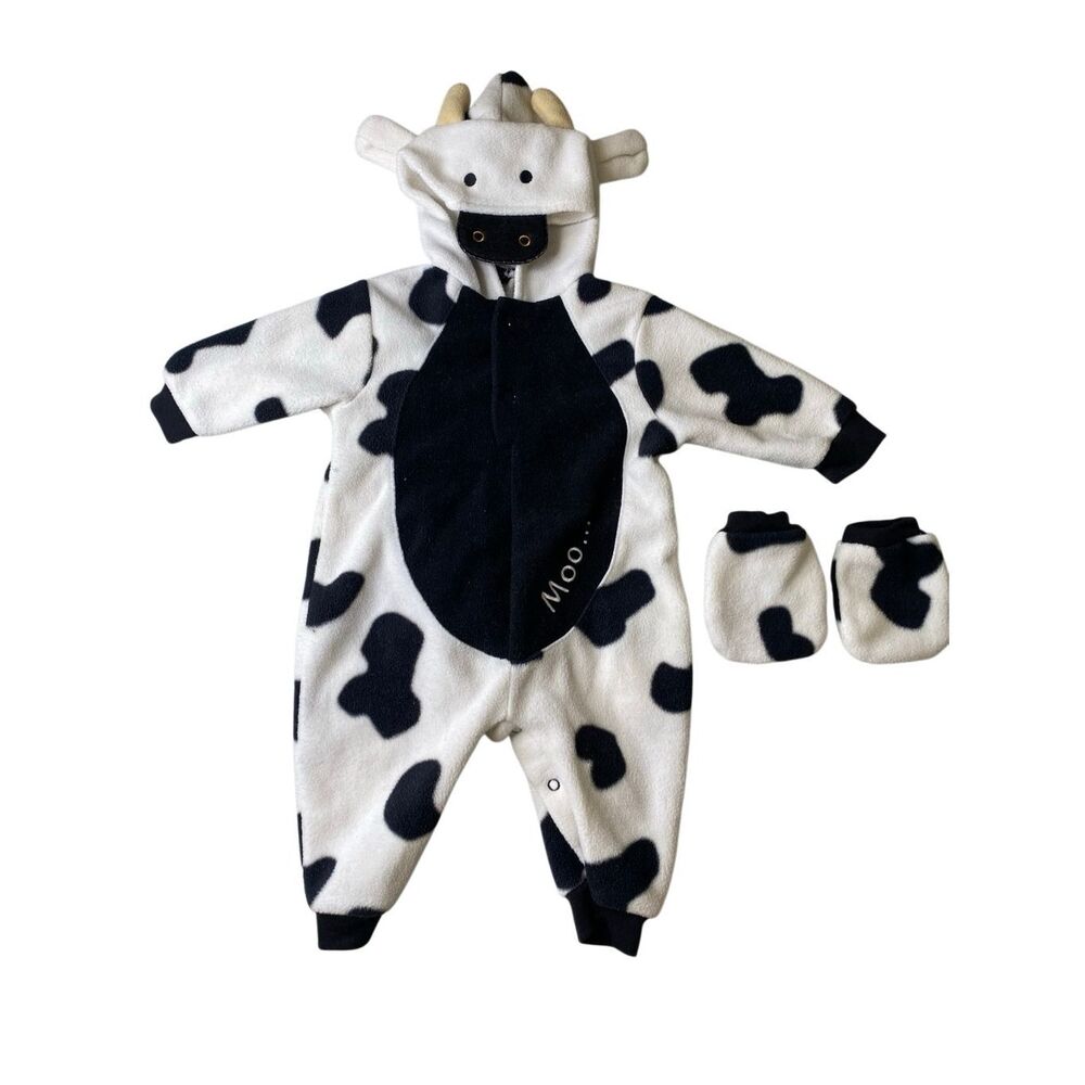 Baby Cow Costume Fleece Bodysuit Hooded Mittens 6 9 Months Halloween Romper